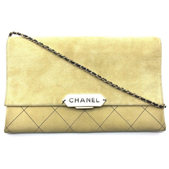 CHANEL CHANEL Logo Matelasse Flap single Chain Shoulder Bag Suede Beige - Picture 1 of 12
